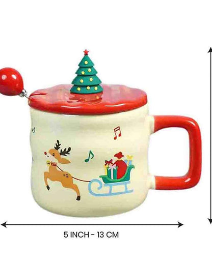 Deer with Sledge Ceramic Christmas Mug with Lid and Spoon Set | 4 x 5 inches