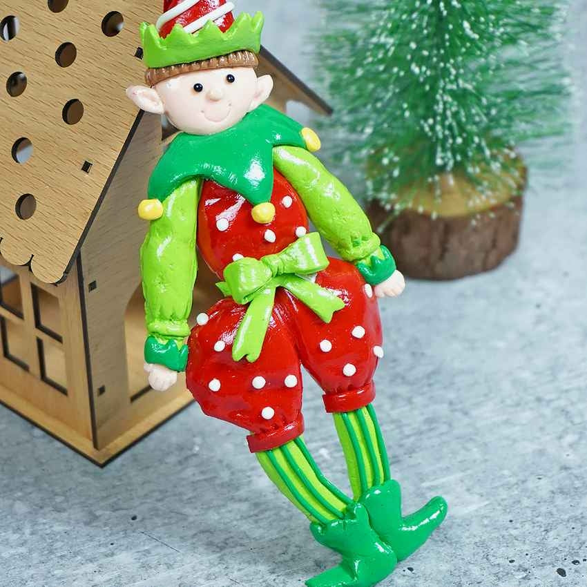 Handmade Clay Naughty Elf with Balloon Pants Ornament Decoration | 3 x 6 inches