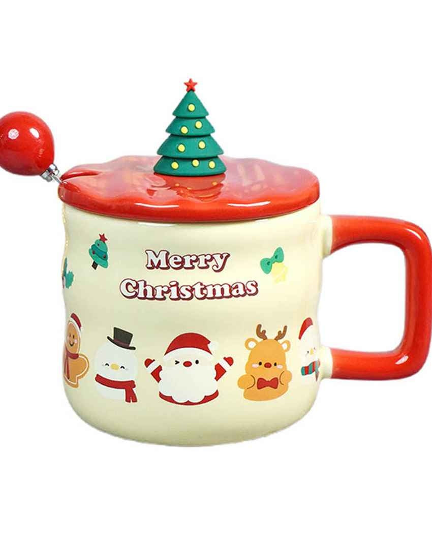 Character Faces Ceramic Christmas Mug with Lid and Spoon Set | 4 x 5 inches