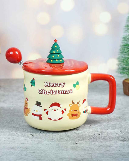 Character Faces Ceramic Christmas Mug with Lid and Spoon Set | 4 x 5 inches