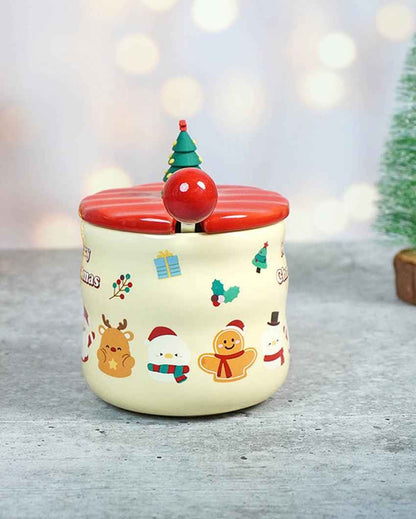 Character Faces Ceramic Christmas Mug with Lid and Spoon Set | 4 x 5 inches