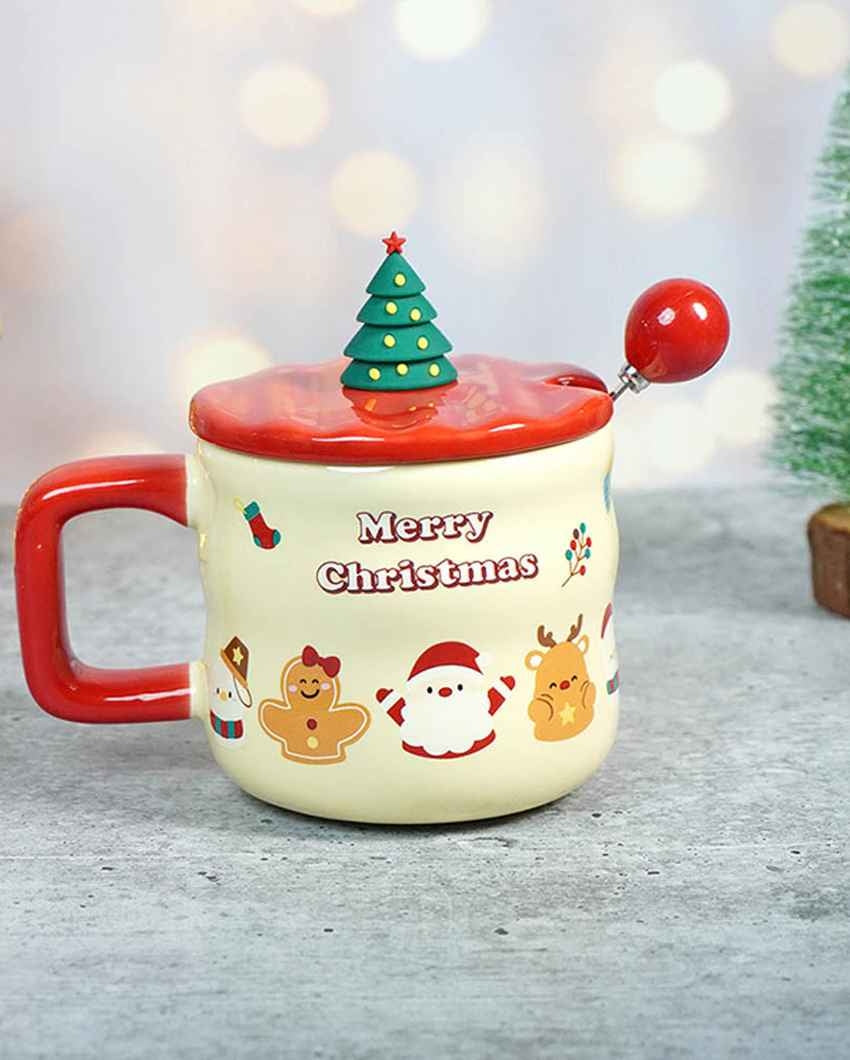 Character Faces Ceramic Christmas Mug with Lid and Spoon Set | 4 x 5 inches