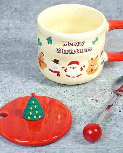 Character Faces Ceramic Christmas Mug with Lid and Spoon Set | 4 x 5 inches