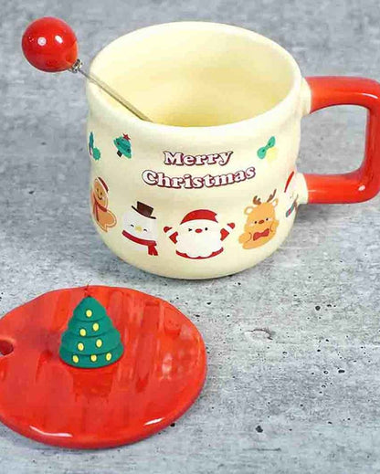 Character Faces Ceramic Christmas Mug with Lid and Spoon Set | 4 x 5 inches