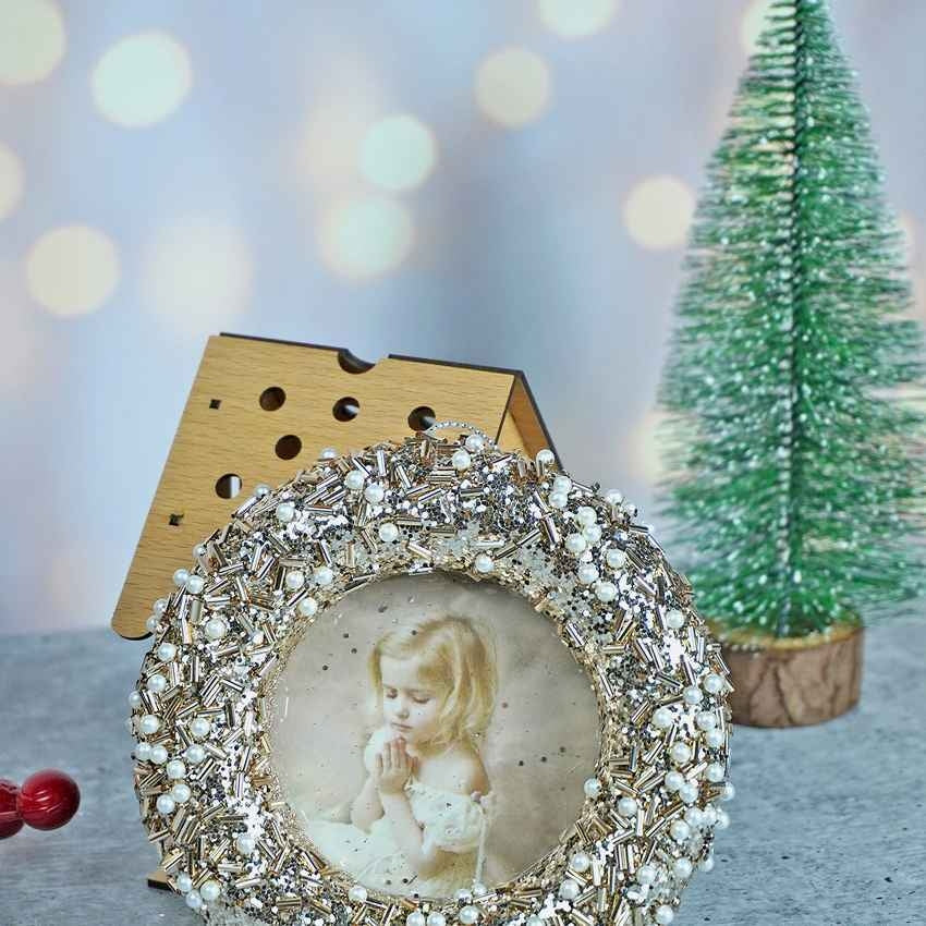 Golden Glitter Photo Frame Christmas Accent Decoration | 6 x 2 inches