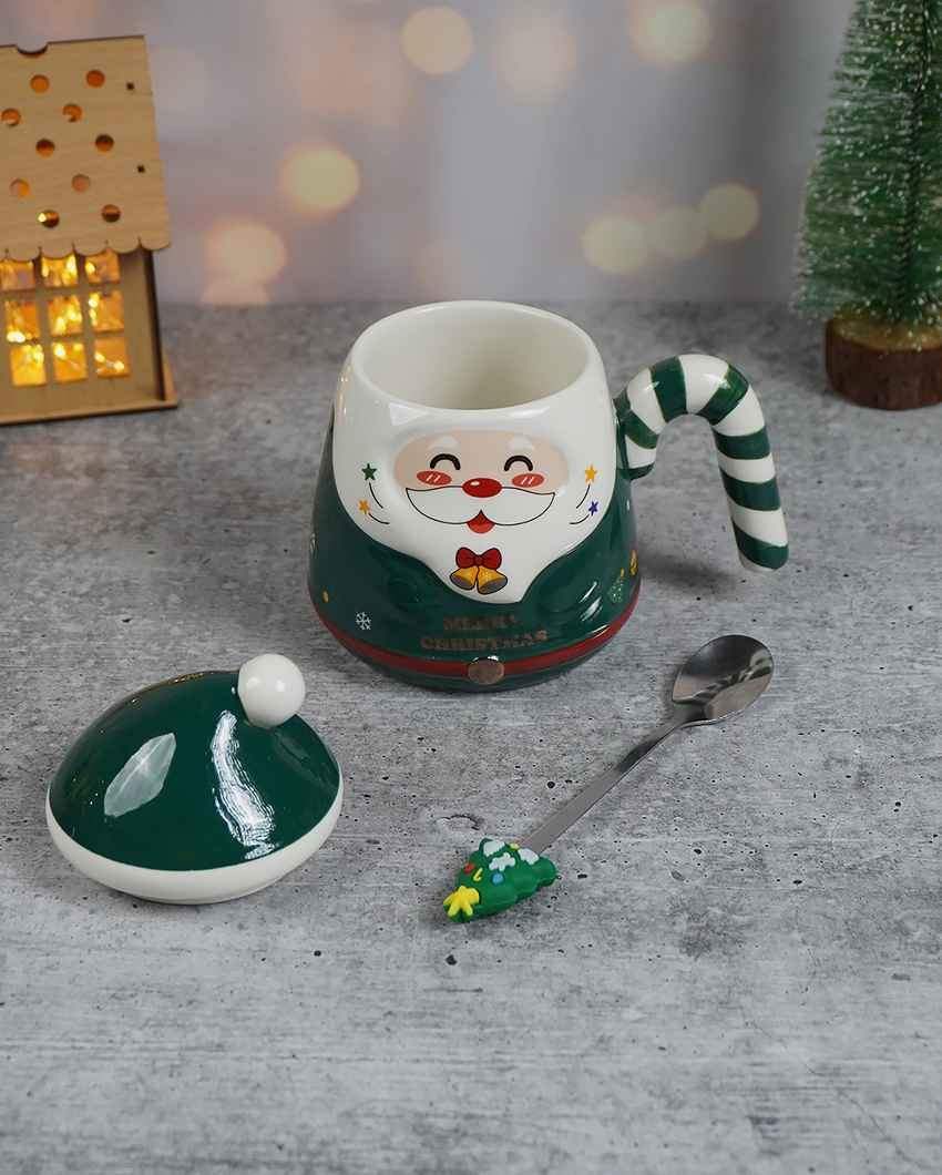 Green Santa Candy Cane Handle Christmas Coffee Mug with Spoon Set | 6 x 5 x 6 inches