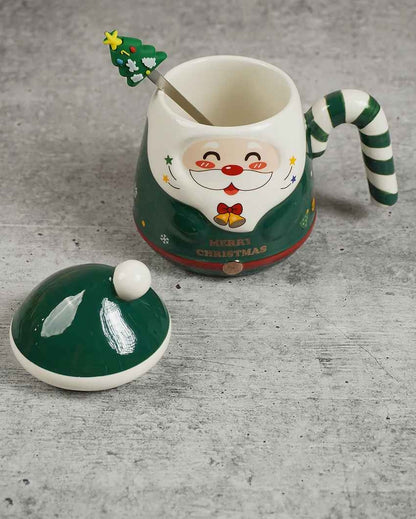 Green Santa Candy Cane Handle Christmas Coffee Mug with Spoon Set | 6 x 5 x 6 inches