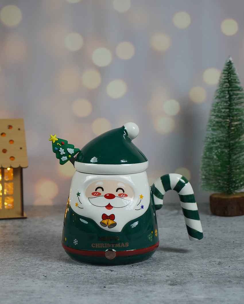 Green Santa Candy Cane Handle Christmas Coffee Mug with Spoon Set | 6 x 5 x 6 inches