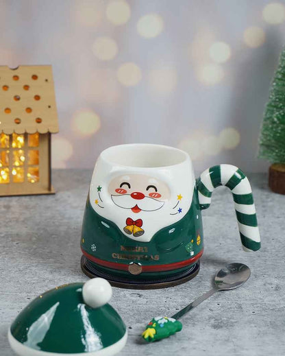 Green Santa Candy Cane Handle Christmas Coffee Mug with Spoon Set | 6 x 5 x 6 inches