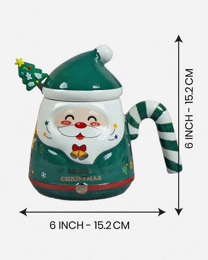 Green Santa Candy Cane Handle Christmas Coffee Mug with Spoon Set | 6 x 5 x 6 inches