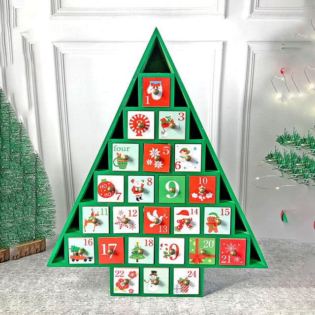 Wooden Green Tree Shape Advent Calendar For Christmas | 16 x 15 x 3 inches