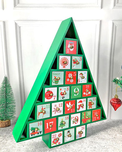 Wooden Green Tree Shape Advent Calendar For Christmas | 16 x 15 x 3 inches