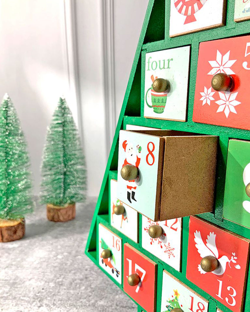 Wooden Green Tree Shape Advent Calendar For Christmas | 16 x 15 x 3 inches