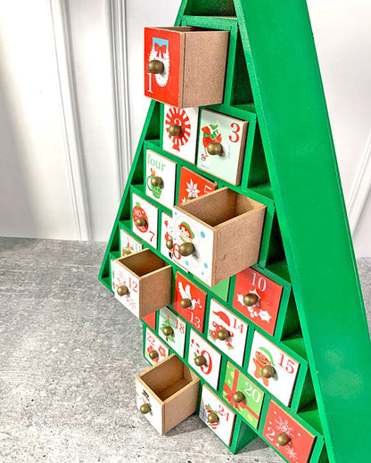 Wooden Green Tree Shape Advent Calendar For Christmas | 16 x 15 x 3 inches