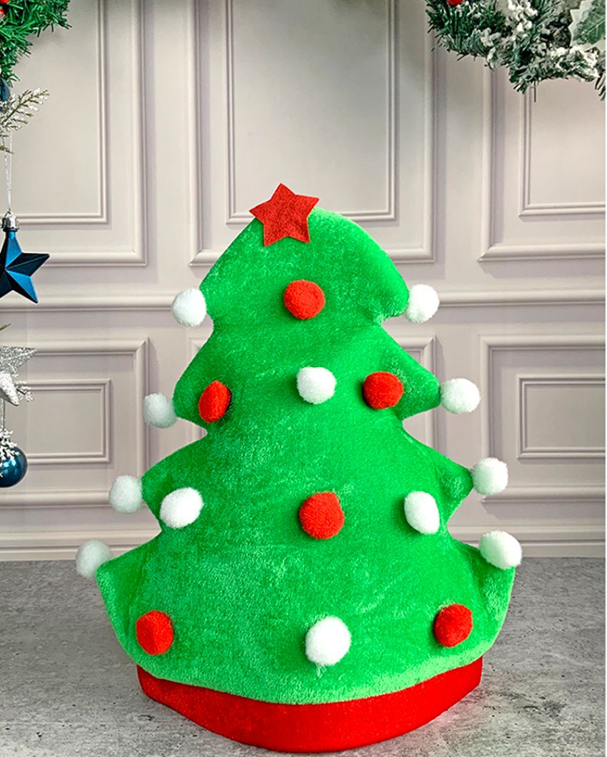 Pompom Tree Shaped Plush Velvet Christmas Party Hat | 12 x 14 inches