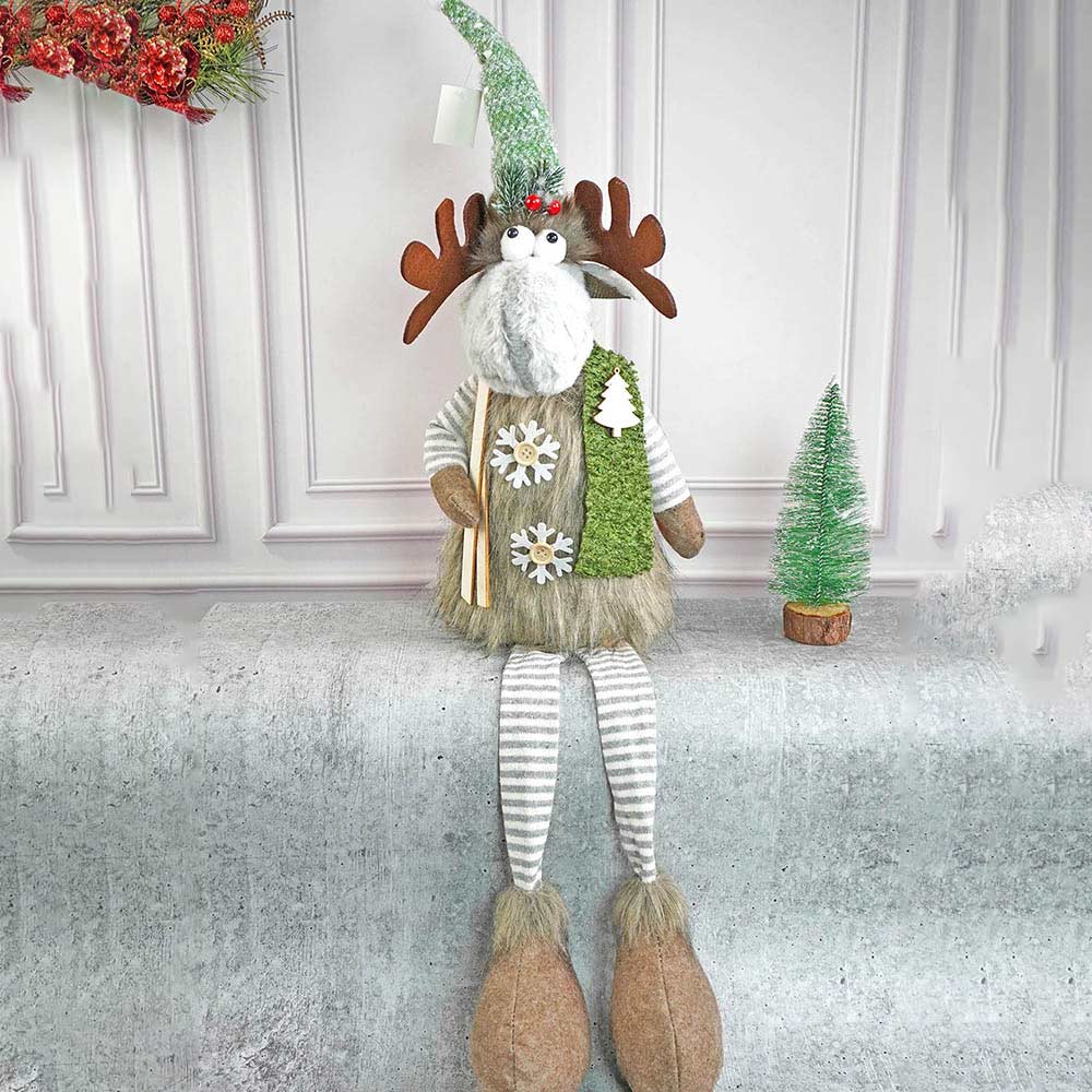 Grey Sitting Long Legs Reindeer With Ski Boards Table Christmas Decoration | 8 x 34 inches