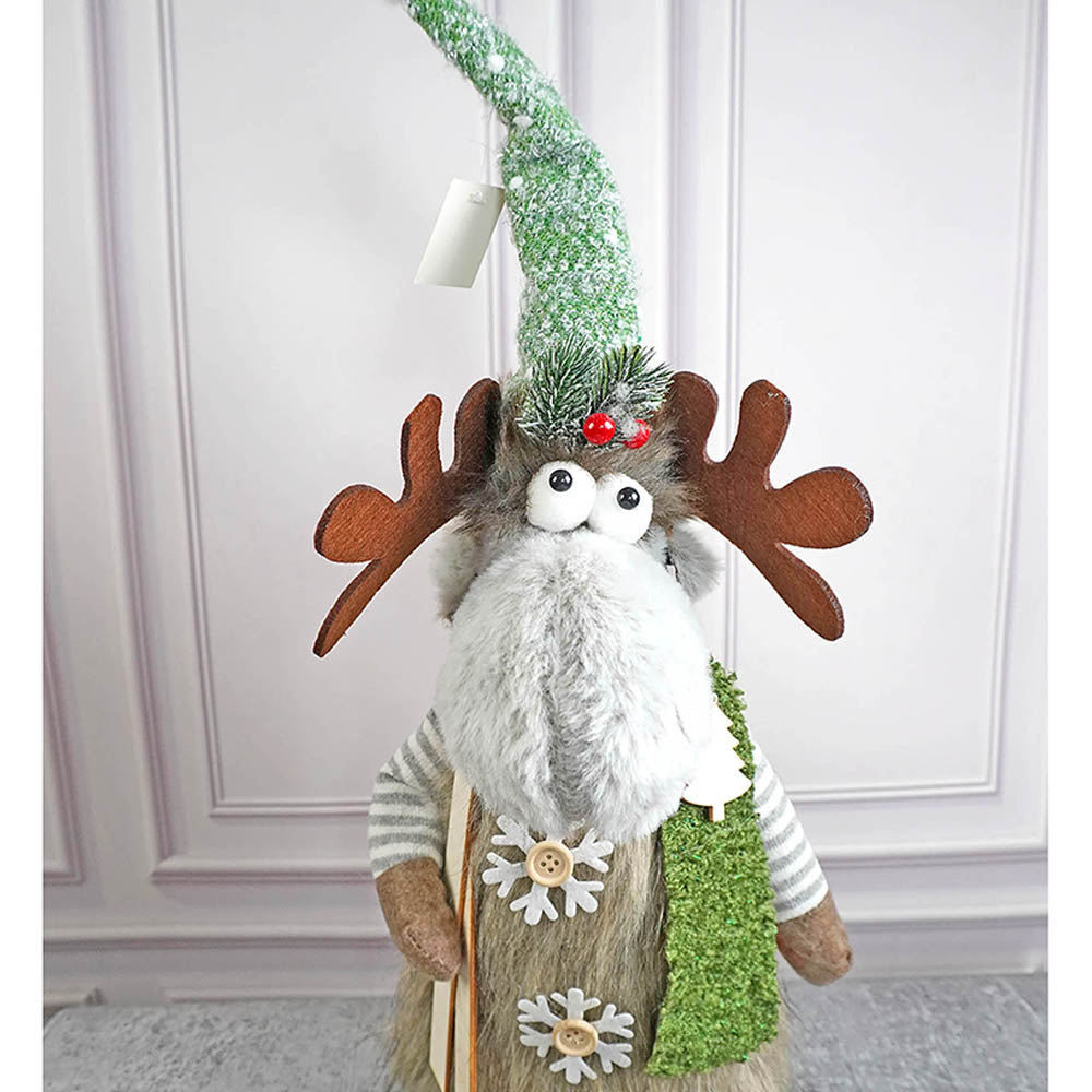 Grey Sitting Long Legs Reindeer With Ski Boards Table Christmas Decoration | 8 x 34 inches