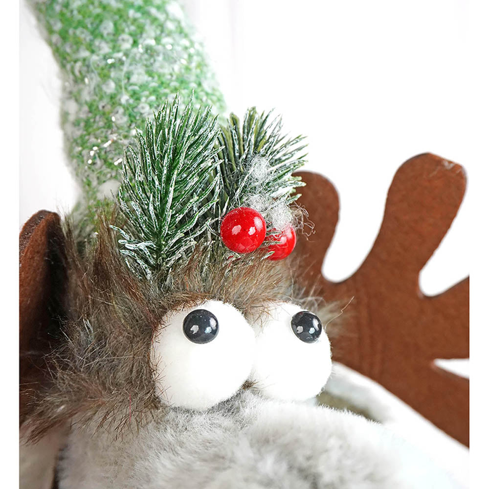 Grey Sitting Long Legs Reindeer With Ski Boards Table Christmas Decoration | 8 x 34 inches