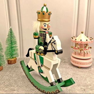 Wooden Green Rocking Horse King Nutcracker Self Standing Christmas Table Décor| 13 x 10 x 4 inches