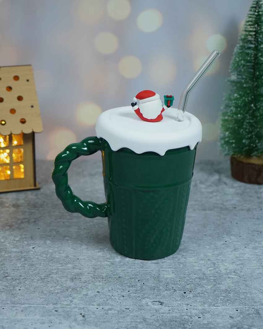 Green Self Knit Ceramic Mug Christmas Coffee Mug with 3D Tree Lid | 5 x 4 x 6 inches