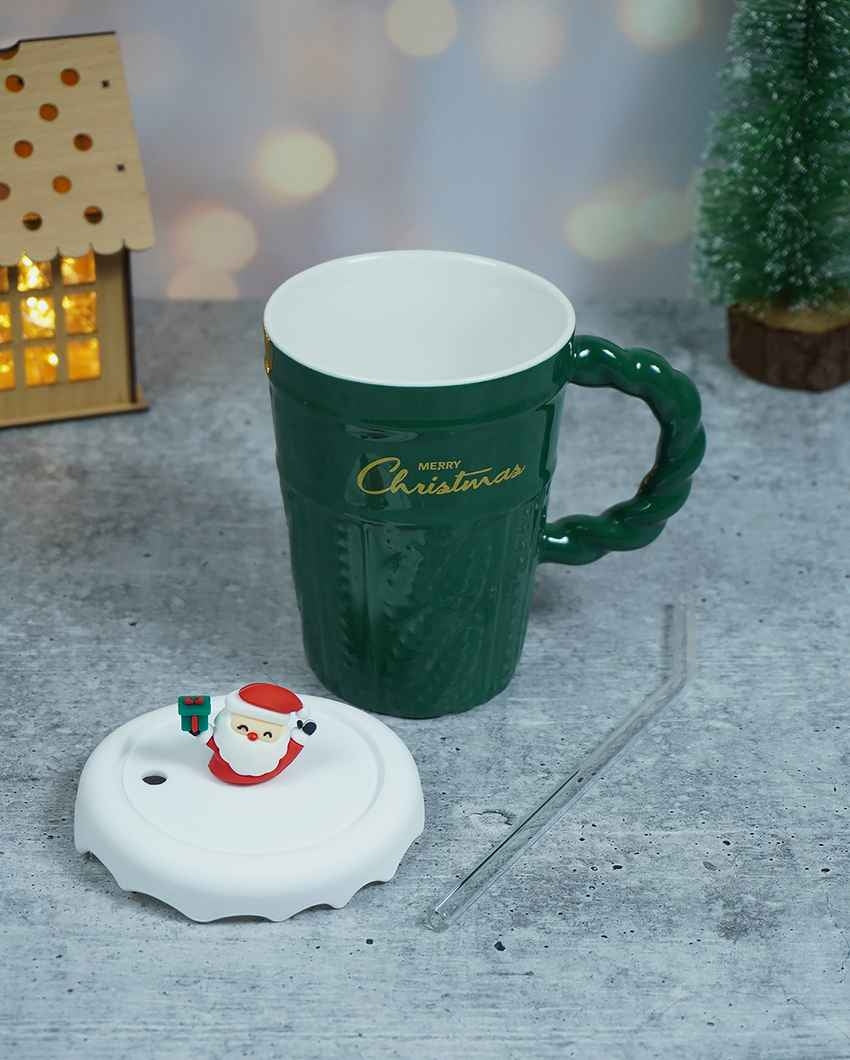 Green Self Knit Ceramic Mug Christmas Coffee Mug with 3D Tree Lid | 5 x 4 x 6 inches