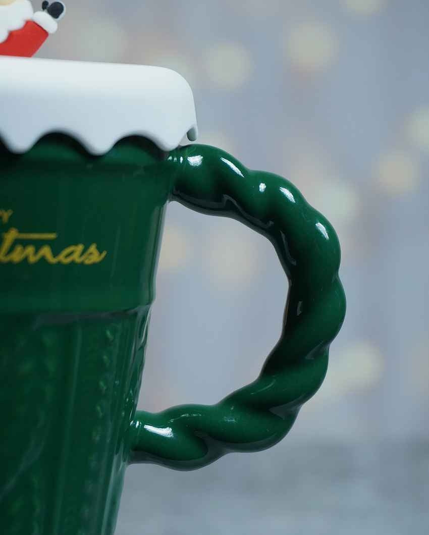 Green Self Knit Ceramic Mug Christmas Coffee Mug with 3D Tree Lid | 5 x 4 x 6 inches