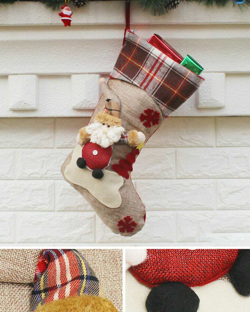 Joyful Cream Jute & Checks Santa and Tree Table Decorative | 22 x 10 x 5 inches