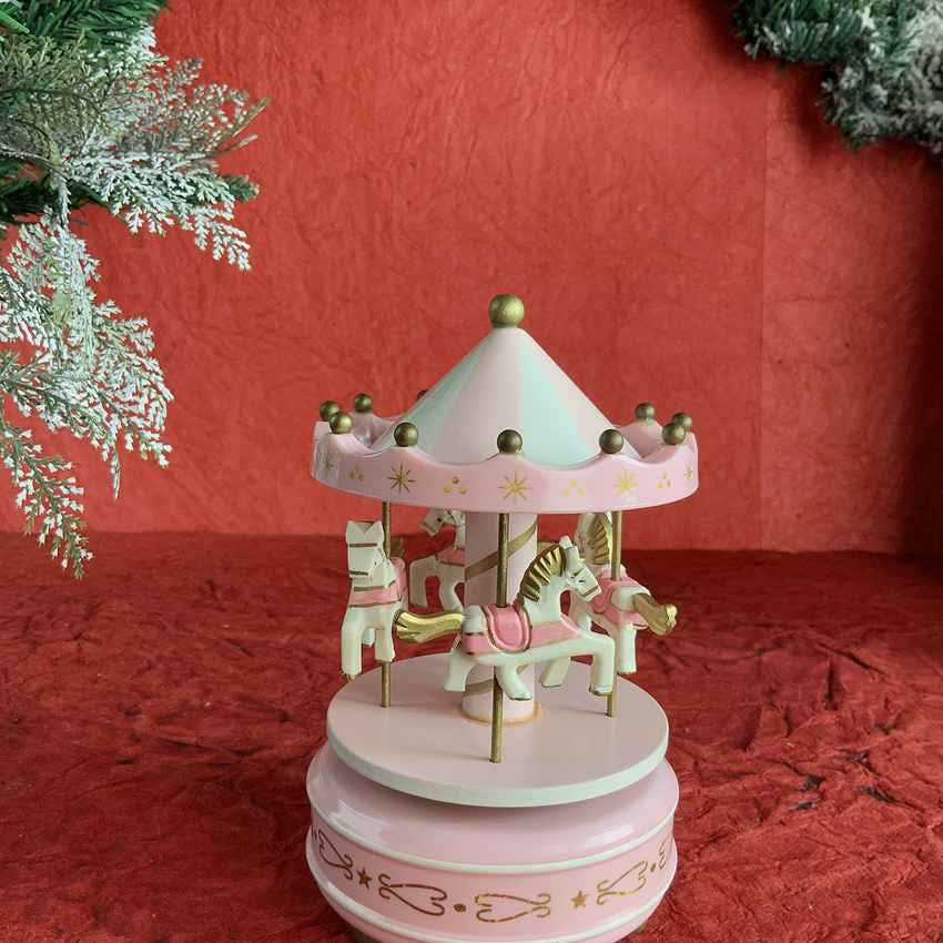 Pink Rotating Carousel Wind Up Musical Box Decoration | 4 x 7 inches