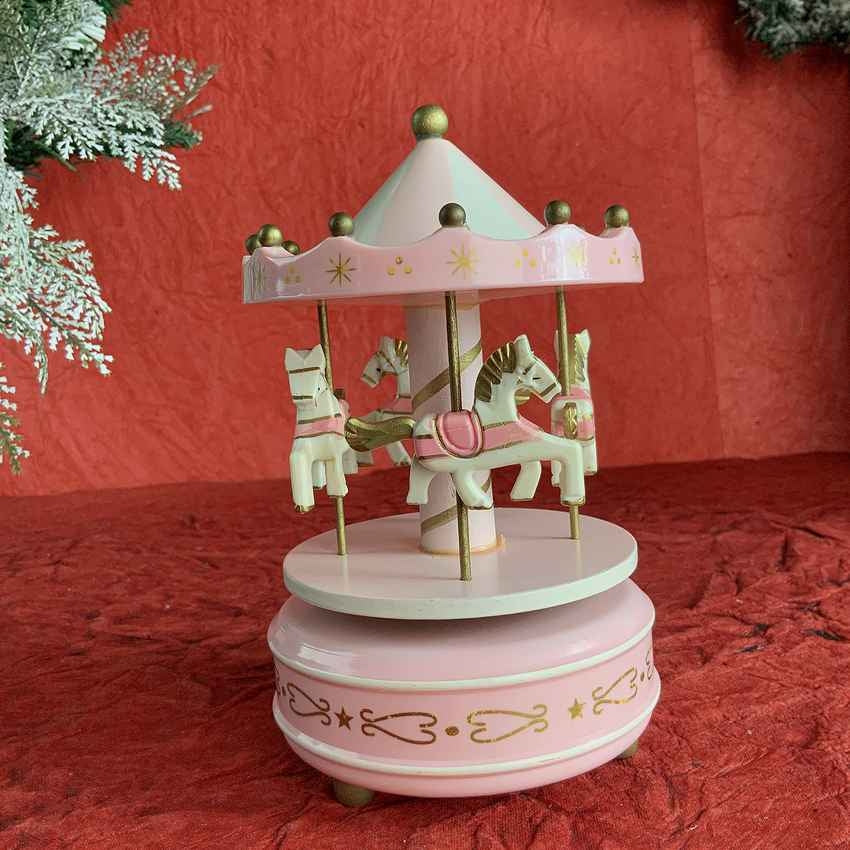 Pink Rotating Carousel Wind Up Musical Box Decoration | 4 x 7 inches