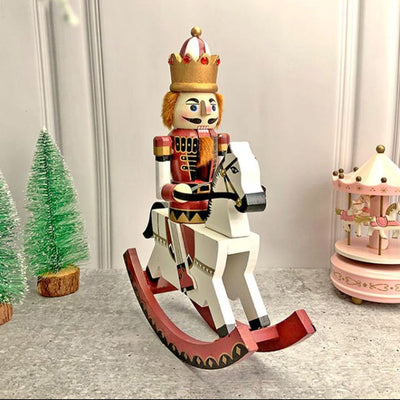 Wooden Maroon Rocking Horse Nutcracker Self Standing Christmas Table Decor | 13 x 10 x 4 inches