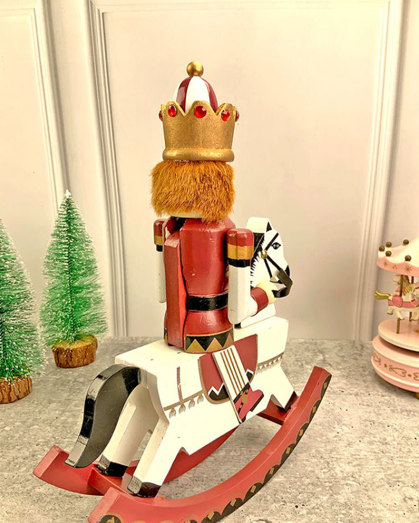 Wooden Maroon Rocking Horse Nutcracker Self Standing Christmas Table Decor | 13 x 10 x 4 inches