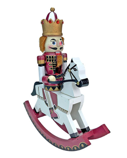 Wooden Maroon Rocking Horse Nutcracker Self Standing Christmas Table Decor | 13 x 10 x 4 inches