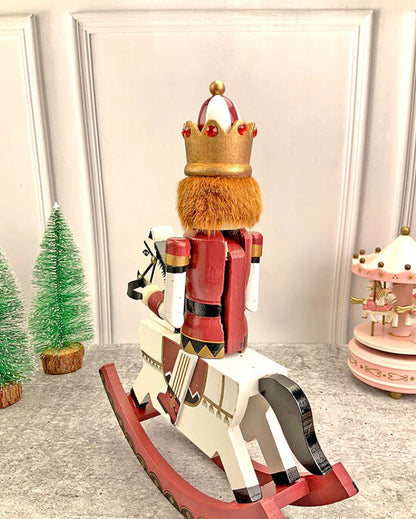 Wooden Maroon Rocking Horse Nutcracker Self Standing Christmas Table Decor | 13 x 10 x 4 inches