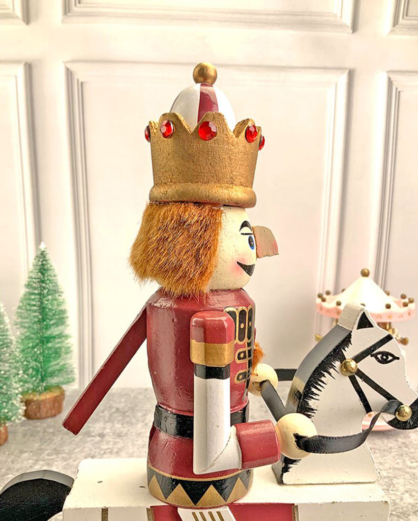 Wooden Maroon Rocking Horse Nutcracker Self Standing Christmas Table Decor | 13 x 10 x 4 inches