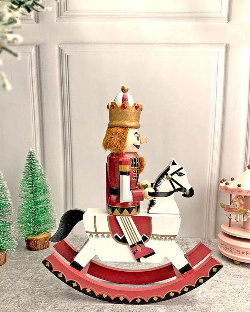 Wooden Maroon Rocking Horse Nutcracker Self Standing Christmas Table Decor | 13 x 10 x 4 inches