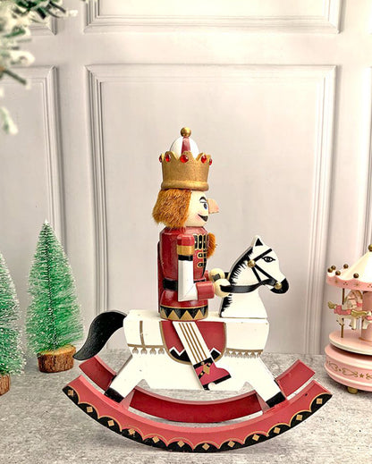 Wooden Maroon Rocking Horse Nutcracker Self Standing Christmas Table Decor | 13 x 10 x 4 inches