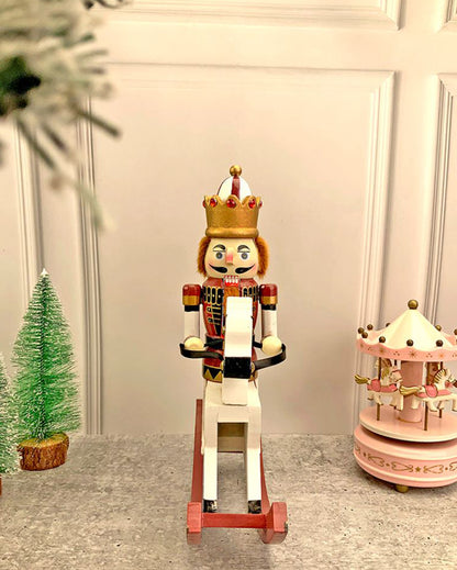 Wooden Maroon Rocking Horse Nutcracker Self Standing Christmas Table Decor | 13 x 10 x 4 inches