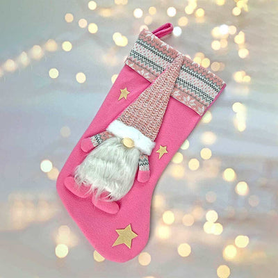 White Beard Pink Gnome Stockings Christmas Decoration | 11 x 17 inches