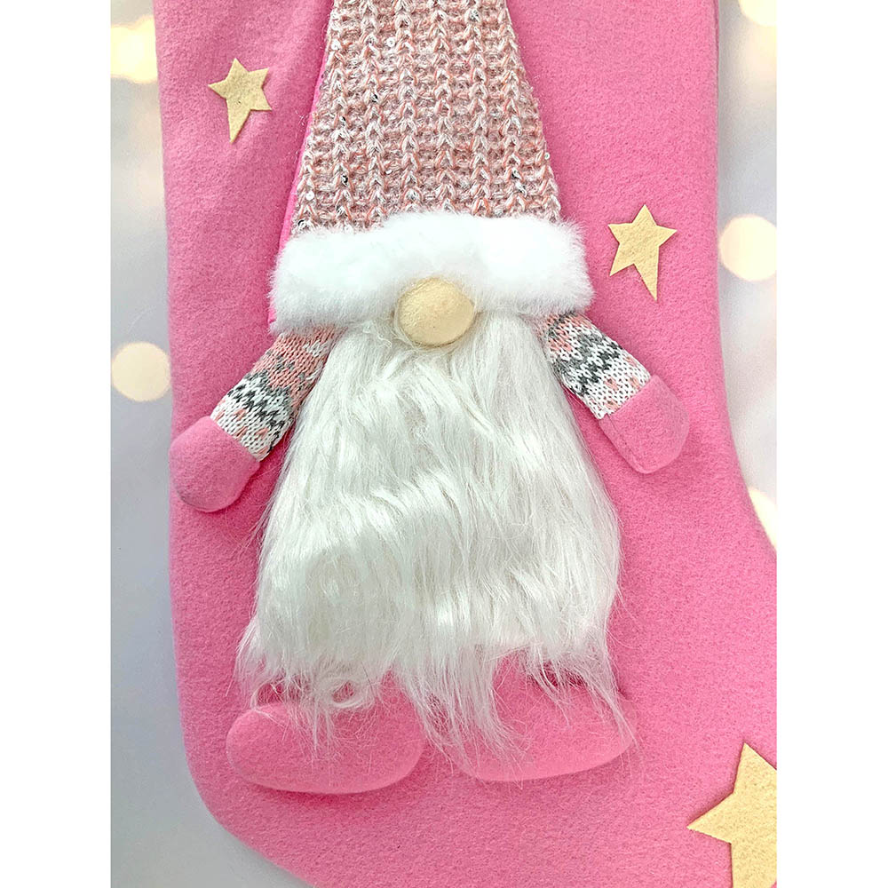 White Beard Pink Gnome Stockings Christmas Decoration | 11 x 17 inches