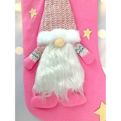 White Beard Pink Gnome Stockings Christmas Decoration | 11 x 17 inches