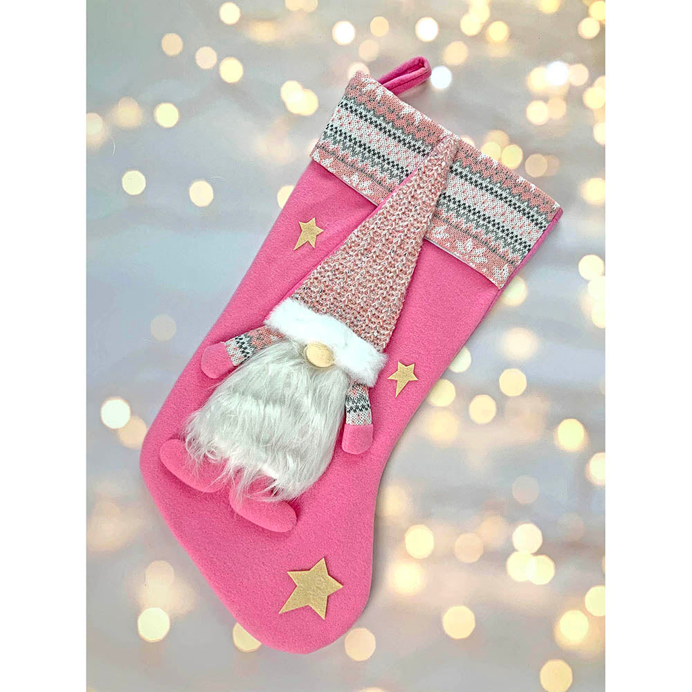 White Beard Pink Gnome Stockings Christmas Decoration | 11 x 17 inches