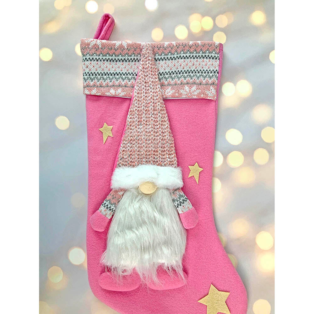 White Beard Pink Gnome Stockings Christmas Decoration | 11 x 17 inches