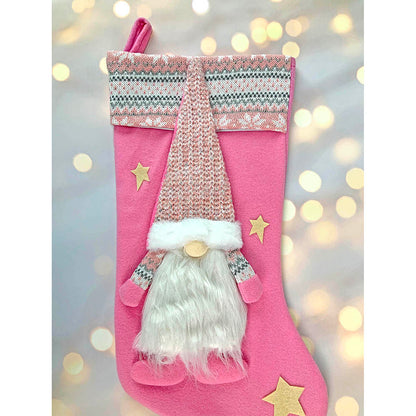 White Beard Pink Gnome Stockings Christmas Decoration | 11 x 17 inches