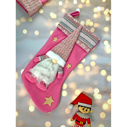 White Beard Pink Gnome Stockings Christmas Decoration | 11 x 17 inches