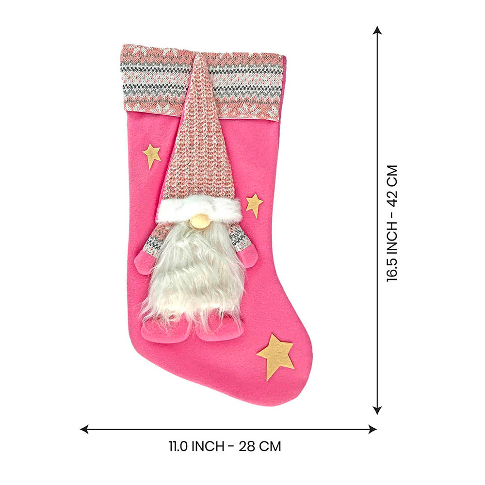 White Beard Pink Gnome Stockings Christmas Decoration | 11 x 17 inches