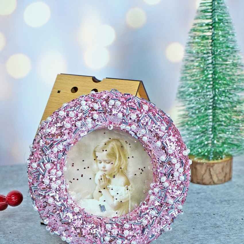 Blush Pink Glitter Photo Frame Christmas Accent Decoration | 6 x 2 inches