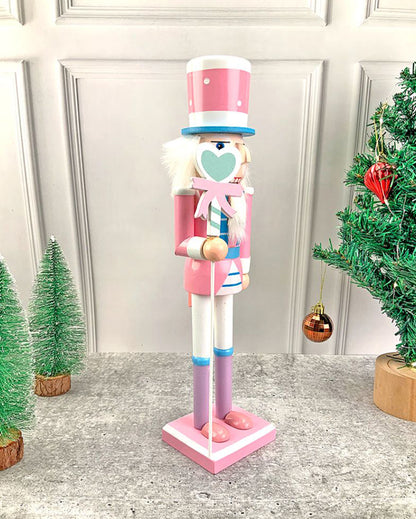 Wooden Pastel Pink Heart Nutcracker Self Standing Christmas Table Decor | 16 x 4 inches