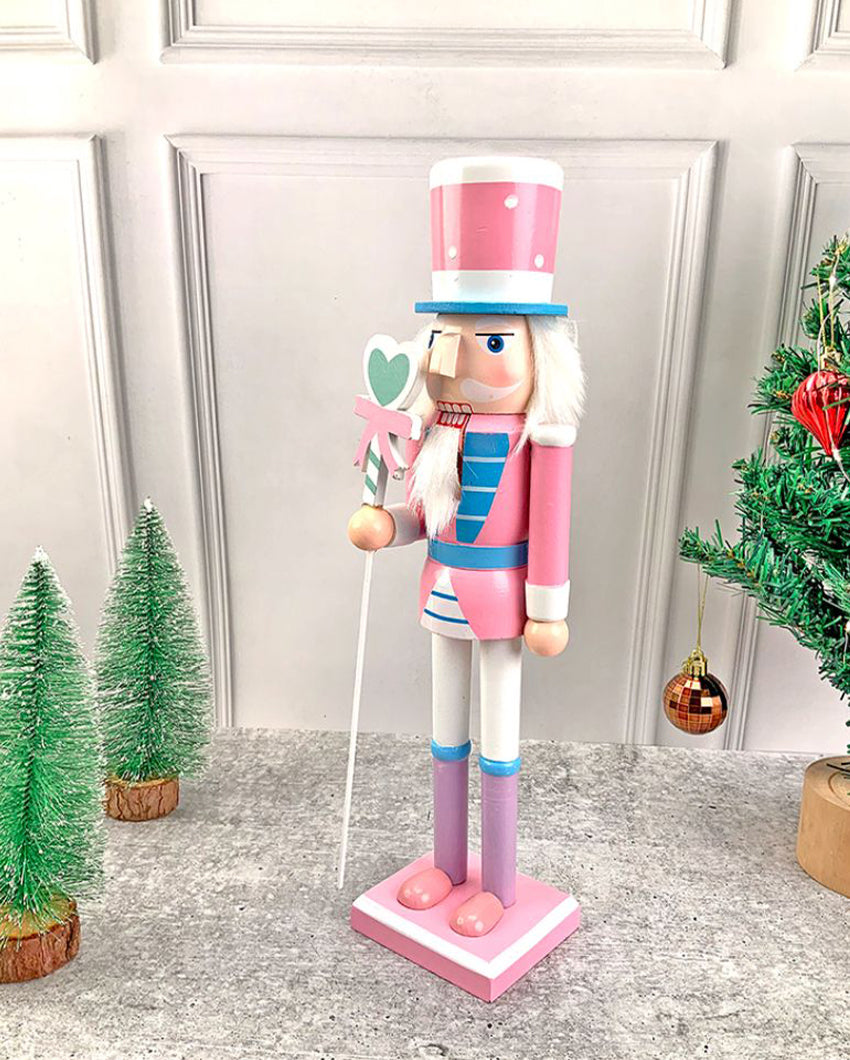 Wooden Pastel Pink Heart Nutcracker Self Standing Christmas Table Decor | 16 x 4 inches