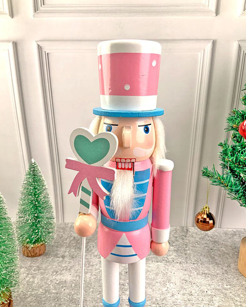 Wooden Pastel Pink Heart Nutcracker Self Standing Christmas Table Decor | 16 x 4 inches