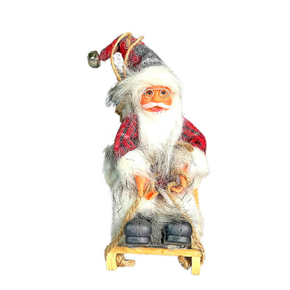 Grey Red Checks Sitting Sledge Santa Tree Ornament Christmas Decoration | 5 x 7 inches